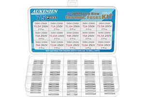 AUKENIEN 5x20MM Bezpieczniki Ceramiczne Zwłoczne 15Wartość T 0,5 A 1 A 1,6 A 2 A 2,5 A 3 A 3,15 A 4 A 5 A 6,3 A 8 A 10 A 12 A 15 A 20 A 250V Zestaw Asortymentowy Bezpieczników Ceramicznych Zwłocznych