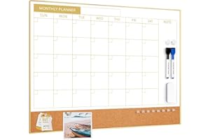 ARCOBIS Dry Erase Calendar Whiteboard Cork Board Combo, 60 x 45 Magnetic White Board Calendar Dry Erase for Wall, Gold Frame Monthly Combination Board for Office, Home, School