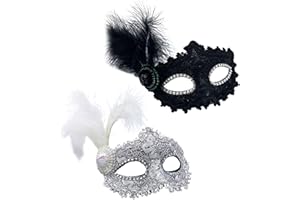 TSHAOUN 2 Piezas Encaje Máscara Veneciana para Mujeres, Mascarada de Plumas Carnaval, Máscara de Cosplay para Halloween, Año Nuevo, Disfraces y Baile