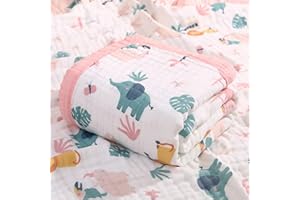 Hivia 110 * 110CM Mussole Neonato Cotone-6 Strati di Morbida e Confortevole Copertina Neonato Cotone,100% Cotone Coperta Neonato Adatto per Culla, Carrozzina|Elefante Rosa