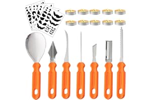 WROYGVY Halloween Kürbis Schnitzset, 7 Kürbis Schnitzen Set mit 4 schnitzvorlagen,10 Teelichter,Edelstahl Kürbis Schnitzwerkzeuge für Halloween DIY Handwerk für Kinder und Erwachsene