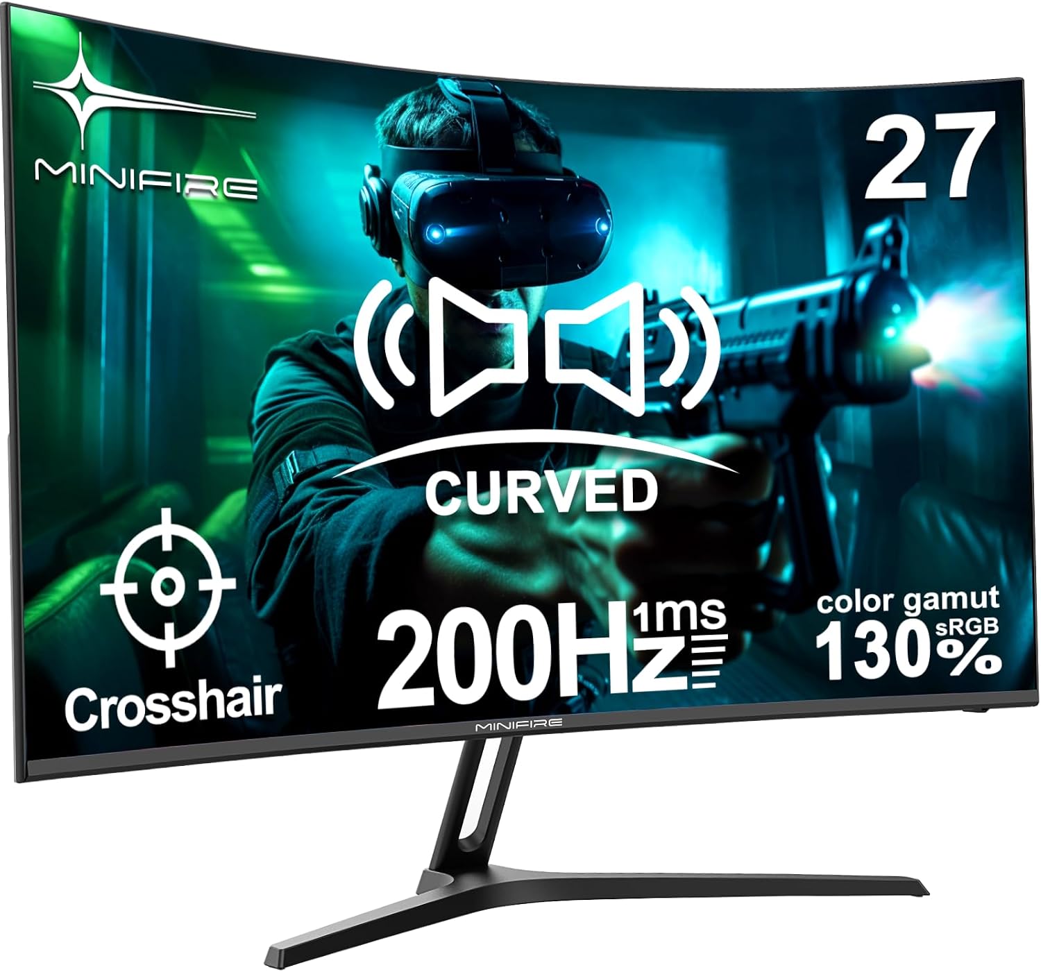 Minifire 27 Inch Gaming Monitor, 200Hz, Full HD 1920x1080 Curved VA Panel, Built in Speaker, Ai Crosshair, 1Ms MPRT, Adaptive Sync, sRGB130%, DCI-P3 95%, VESA 100x100, HDMI1.2＆DP1.4, MFG27C1