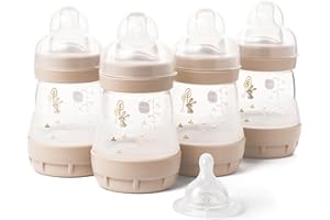 MAM Easy Start Anti-Colic Baby Bottles | 4 Pack (4X 160ml) | Self-Sterilising Baby Milk Bottle | Slow Flow MAM Teats Size 1 + 1x Medium Flow Teat Size 2 | Unisex (Various Designs)