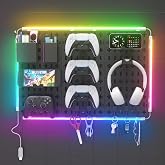 KDD 7 in 1 Perforated Panel Wall Organizer, 40 x 20 cm 3 Panels Pegboard Gaming with LED Light Bar, Perforated Board Combo Ki