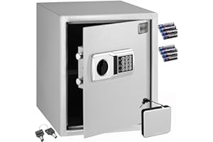 BAKAJI Caja fuerte electrónica de seguridad con caja de batería externa, caja de valores y documentos antirrobo para casa, hotel, armario de pared o independiente, 40 x 35 x 40 cm (gris)