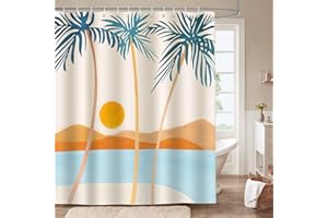 Bonhause Cortina de Ducha Palmera Tropical Montañas Puesta de sol180 x 180 cm Cortina de Baño de Poliéster Impermeable Antimoho Lavable Cortina Ducha con 12 Ganchos
