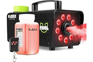 Fuzzix F509L Mini máquina de humo de 500 vatios con 0,25L de líquido, 9 LEDs, mando a distancia, máquina de humo Halloween, máquina de humo, máquina de humo para fiestas, bodas, color negro