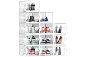 MYHMCT 12 Pack Shoe Storage Box, Clear Plastic Stackable Shoe Boxes with Magnetic Door, Aromatherapy Stick, Shoe Organizer for Closet, Fit up to UK Size 9.5 (33 x 23x 14.5 cm)