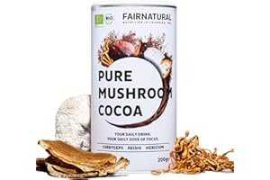 FAIRNATURAL® Pilz Kakaopulver Vegan [SCHOKOLADEN GESCHMACK] - Mushroom Powder Komplex Hochdosiert - Pilzkaffe - Mushroom Coffee - Vitalpilze Kakao aus Reishi Extrakt, Hericium & Chaga Pilz (200g)