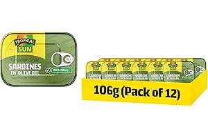 Tropical Sun Canadian Style Sardines in Olive Oil 106g (Pack of 12) - Premium Quality Canned Sardines - Ready to Eat - High in Protein & Omega 3 - Perfect for Salads, Pasta & Light Meals