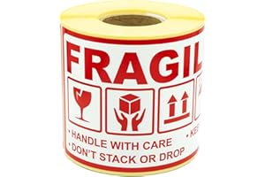 MD Labels Etiquetas de advertencia en rollo, 90 x 150 mm, 300 unidades, mango con cuidado, mantener seco, no apilar o drop- this way up- etiquetas autoadhesivas de papel de envío