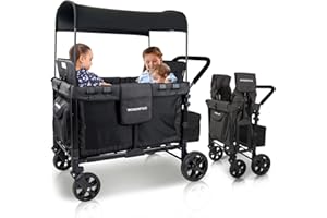 WONDERFOLD W4 Original Quad Stroller Wagon Featuring 4 High Face-to-Face Seats with 5-Point Harnesses, Easy Access Front Zipper Door, and Removable UV-Protection Canopy, Black