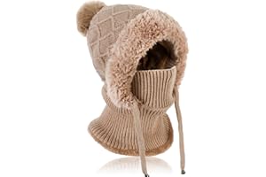 TAGVO Gorro de Punto para Mujer Invierno, Gorro Beanie con Forro Polar Caliente y Calentador De Cuello, Gorro De Punto Flexible con Bola De Pelo Thermo Pasamontañas para Mujer al Aire Libre