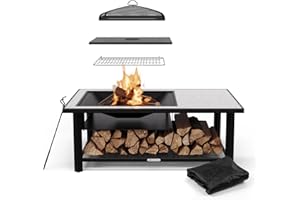 Blumfeldt Merano Avanzato L Brasero Exterior - 3 en 1 Hoguera, Barbacoa & Mesa, Estructura de Acero, Tablero de Terrazo, Incluye Parrilla, Atizador & Protector Antichispas, Ideal para Jardín & Patio