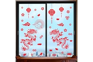 KAIRNE Autocollant Nouvel An chinois, Nouvel An, lanterne de fenêtre, décoration de fenêtre, motif dragon, nœud chinois amovible, fleurs rouges pour vitrines, vitrines, portes en verre, décoration