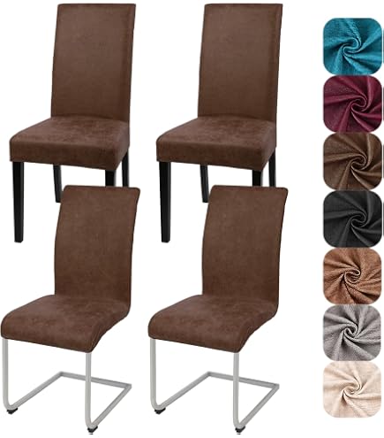 Stuhlhussen 4Er Set Leder Dunkelbraun Hussen für Stühle mit Hoher Lehne,Stuhlbezug für Esszimmerstühle,Stuhlhusse Stretch,Stuhlhussen Schwingstuhl Waschbar