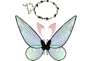 JEACKCELLE Fairy Wings Costume, Women's Girls Butterfly Wings Elf Wings with Elf Ears, Flower Wreath, Halloween Costume Accessories, Carnival Fairy Party Butterfly Costume, Fairy Costume for Children Adults