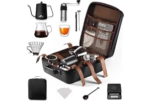 Essentials 360 V60 Pour Over Coffee Maker Set - Portable Coffee Kit with V60 Kettle, Digital Scale, Double Walled Mug, Glass Server, Manual Grinder, Glass Dipper, 100 Paper Filters & Coffee Scoop