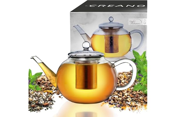 Creano Théière 1,2 l en verre anti-goutte avec filtre inox intégré et couvercle en verre – élégante et résistante à la chaleur – pour thé en vrac, thé en fleurs et tisanes