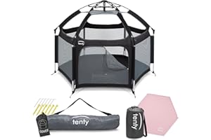 tenty Baby Pop-Up Laufgitter Set für drinnen und draußen - 150 x 100 cm - mobiler Laufstall mit Tragetasche, UV-Dach und Bodenmatte - für zuhause, Reisen, Camping (Schwarz/Rosa)