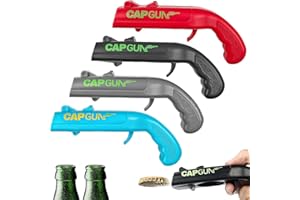 TAIXING 4 Pcs Beer Bottle Opener Cap Gun, Funny Cap Gun Bottle Opener Launcher Shooter, Caps for Cap Gun for Shooting Game Home Bar Party Christmas, Gift for Him(Black, Grey, Red, Blue)