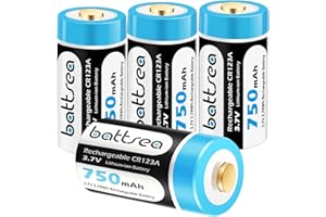 Battsea wiederaufladbare CR123A / CR123 Batterien 750mAh 3.7V, kompatibel mit Arlo Kamera VMC3030 VMK3200 VMS3230 VMS3330 VMS3430, Taschenlampen, Mikrofon, Rauchmelder, Wecker (4 Packung)