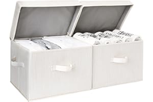 StorageWorks Clothes Storage Boxes with Lids, Large Storage Boxes for Wardrobe Shelves, Decorative Fabric Baskets with Handles for Bedroom Closet Organising, Mixing of Beige, White & Ivory, 2-Pack