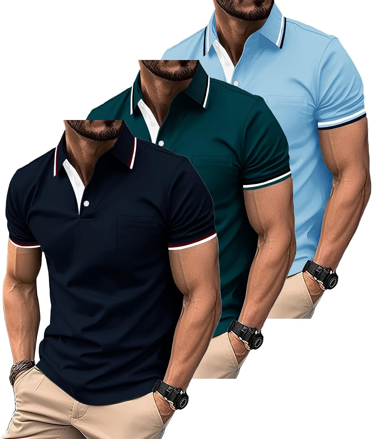 ZITY Polo para Hombre Paquete de 3 Polo Manga Corta Camiseta Golf Trabajo Transpirable Camiseta Informal con Bolsillo Verano Tres Piezas T Shirt para Vacaciones