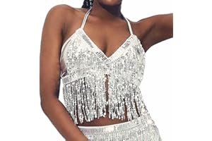 AOHHY Sequin Halter Top Salsa Belly Dance Boho Top Fringe Tassel Top Fit 32A to 36B