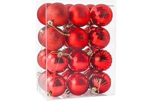 SECALIFE 24 Pieces 60mm Christmas Baubles Xmas Ball Ornaments, Red Shatterproof Plastic Hanging Decorations, Glitter Christmas Tree Pendants for Home Party Wedding Holiday, Red