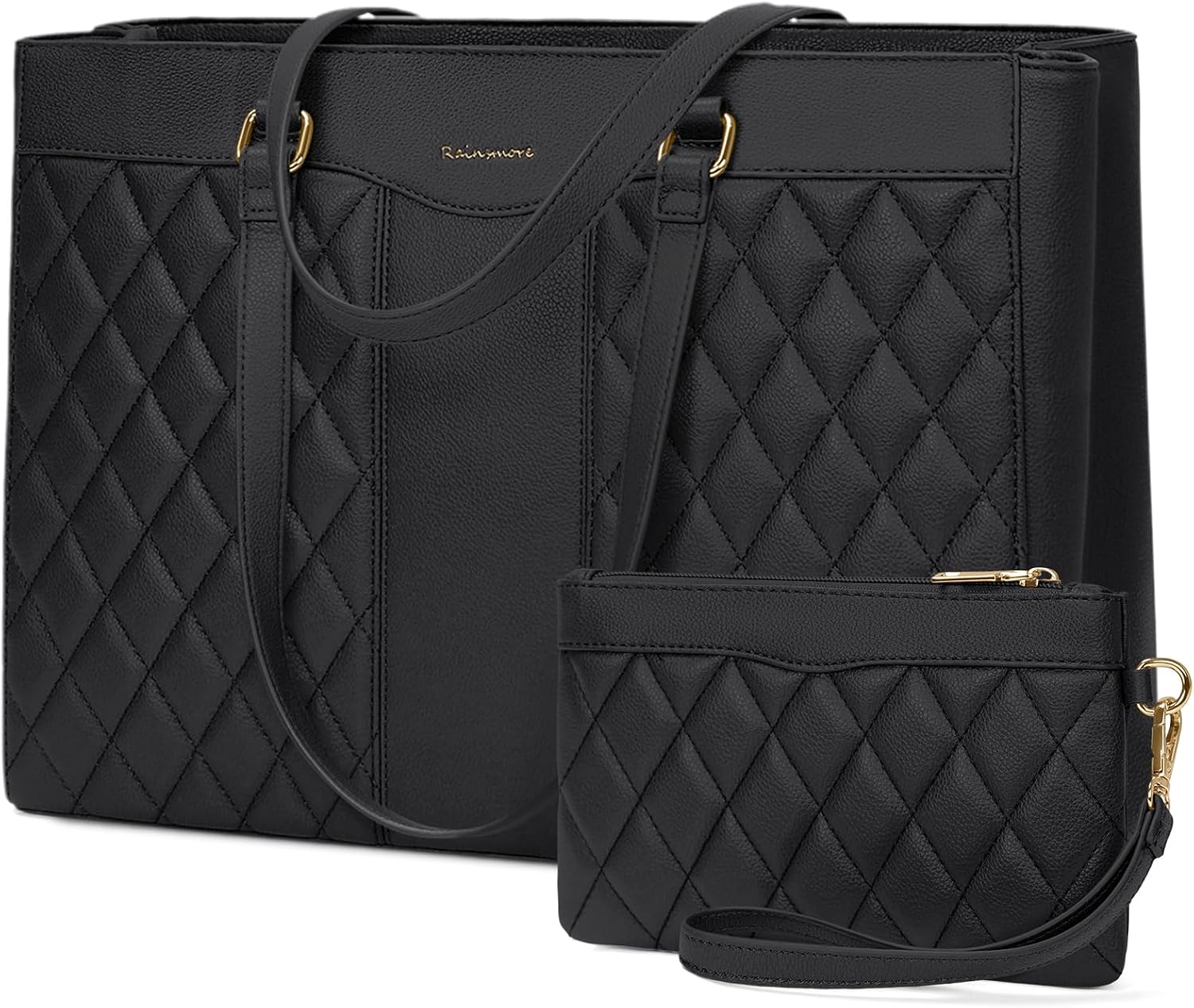 RAINSMORE Laptop Bags for Women 15.6 Inch Work Tote Bags with Clutch, Waterproof PU Leather Ladies Laptop Handbags for Office Business College Black
