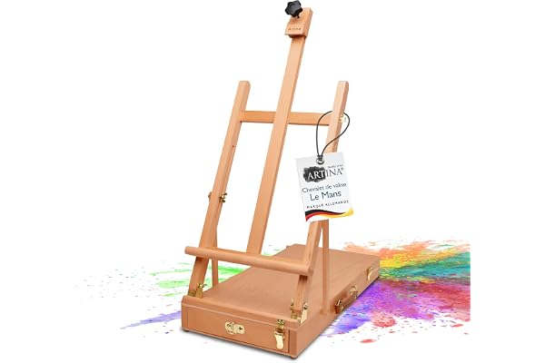 Artina Le Mans Coffret Chevalet en Bois de Hêtre - Table pour Châssis Entoilés jusqu'à 56 cm, Petit et Inclinable avec Tiroir - Peinture avec Angle d'Inclinaison Réglable