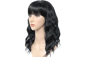 YEESHEDO 14 Pouces perruque femme courte bob perruques avec naturel frange, peruque afro brésilienne de cheveux bouclés ondulés de couleur naturelle noire