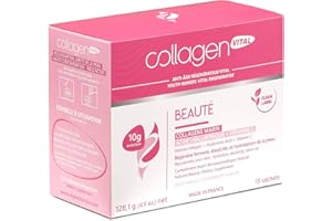 Collagen Vital - Collagen Vital Beauté - Actifs de Biopeptides de Pur Collagène Marin à Forte Concentration, Acide Hyaluronique, Vitamine C (Acérola) et Zinc - Fabrication Française - 15 Sachets, 128g
