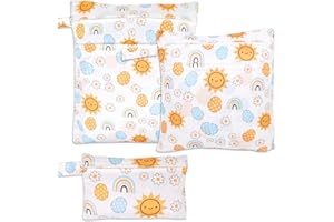 FanChose 3 Pcs Baby Wet Dry Cloth Diaper Bag, Reusable Diaper Wet Bag, Washable Diaper Nappy Bags Waterproof Travel Carry Bag, Foldable Portable Nappy Pouch, Rainbow Sun