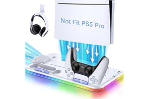 CoguyTech Standfuß für PS5/ PS5 Slim mit Lüfter und Controller Ladestation, Kühler Ständer RGB Licht für PS5 Halterung mit USB Ports/Headset Halter/Aufbewahrung für PS5 Zubehör, Weiß