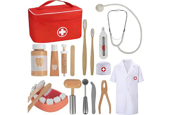 Malette Docteur Enfant Médecin Jouet Bois avec stéthoscope véritable, Mallette de Dentiste, Blouse de Docteur, Cadeau médical de Jeu de Rôle pour Filles garçons 3 4 5 Ans
