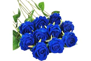 Huspox Fake Roses Artificial Flowers with Long Stem for Decoration Bouquet Wedding Floral Arrangement 10pcs (Blue)