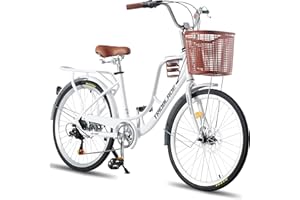 LSBIKE Ladies Bike with Basket 24/26in 7 Speed City Bicycle Women Girls Comfort Bike Lightweight Frame Hybrid Disc Brakes with Cupholder Steel Rear Rack Adjustable Handbar and Seat