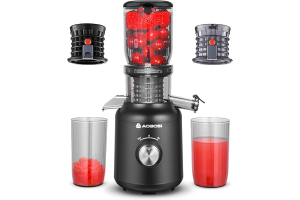 Slow Juicer-AOBOSI Extracteur de jus, 250 W, pour légumes et fruits, avec compartiment de remplissage de 103 mm et 2 filtres sans métal, presse-agrumes, électrique, avec 2 brevets, noir
