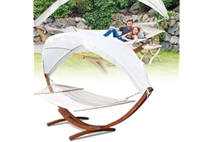 SWANEW Hamac avec toit pare-soleil avec armature en bois de mélèze + toit jusqu'à 200 kg résistant aux intempéries pour l'extérieur et l'intérieur, hamac en bois de mélèze résistant aux intempéries