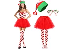 BEIPEGIN 4PCS Costume di Bastoncino di Zucchero di Natale Donna, Cappello Natale Occhiali Natale Gonna Tulle Rossa Calze a Righe Bianche e Rosse, Accessori Natale Costumi Natale Donna per Festa Natale
