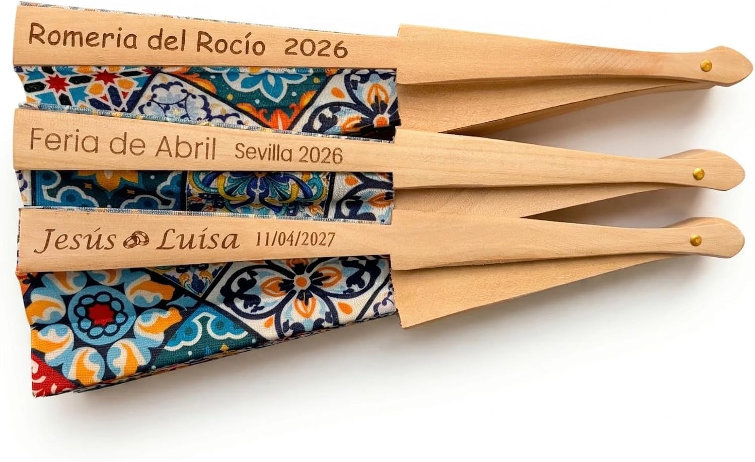 Regalo Grabado – 15 Abanicos Personalizados de Madera y Tela | con Estampado Mosaico | Regalo Invitados Bodas, Comunión, Bautizo | Grabado Único | Unidades (15)