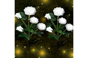 XRR Lampe Solaire Exterieur, 2 Pièces Solaire Lumières de chemin avec 10 Feurs Roses Imperméable Solaires Décoratives Paysage Lampe pour Jardin, Terrasse, Cour, Sentier, Décoration de noël (blanc)