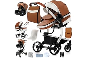 Doraystar Cuero PU Carro Bebe 3 Piezas, Carrito Bebe 3 en 1 con Dos Modos de Empuje Reversibles, Cochecito Bebe 3 Piezas con Capazo Grande Cómodo, Carricoche Bebe Alto Paisaje (B518 Khaki)
