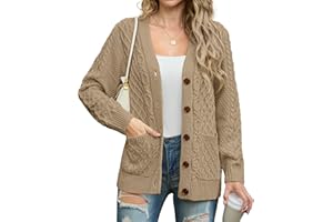 GRECERELLE Womens Cardigans Knit Aran Cable Long Sleeve Button Down Oversized Ladies Jumper Cardigan Knitwear with Pockets for Winter Fall Spring