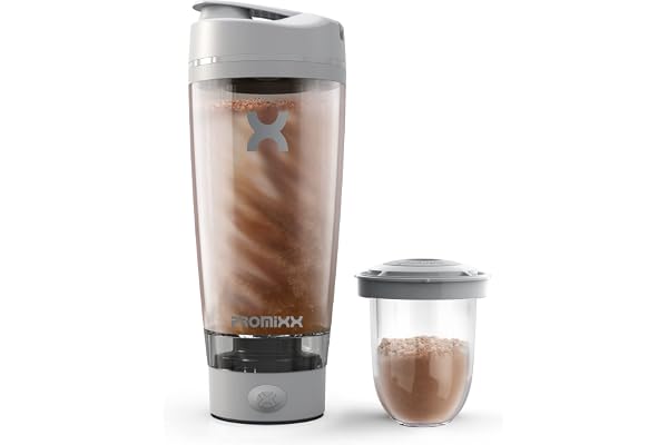 Promixx Pro Shaker Bottle - Rechargeable, Puissant pour des shakes Protéinés Lisses - Comprend un Stockage Supplémentaire - sans BPA, Gobelet 600ml (Gris Cool)