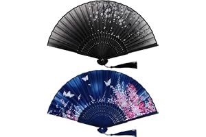 2-pack hopfällbara solfjädrar av siden och bambu, kinesisk handgjord solfjäder med blå fjäril och plommonblomma, handsolfjädrar för dans, Tai Chi och dekoration, 21 cm