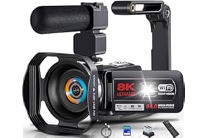 PITIKI Caméscope Caméra Vidéo 8K 64MP Vlogging Caméra pour Youtube,WiFi Vision Nocturne IR Écran Tactile 3" Zoom Numérique 18X Webcam Video Camera avec Mic,Stabilisateur, Télécommande,Carte SD 64 Go et Piles