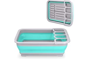 Navaris Scolapiatti Pieghevole da Campeggio 37x27cm - Asciugastoviglie Telescopico Appoggio Lavello - Bacinella Colapiatti Richiudibile 2IN1 - Azzurro